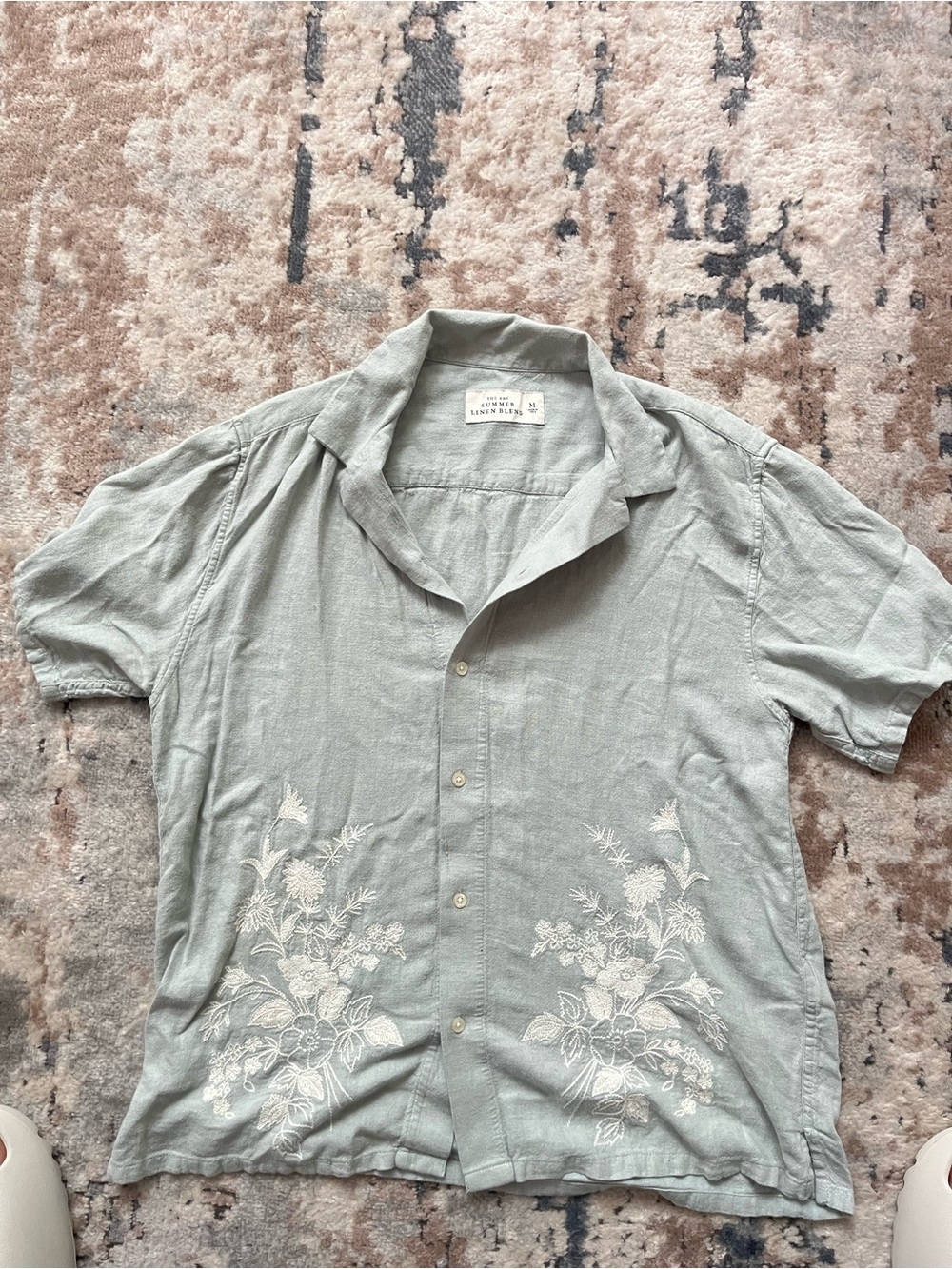 Abercrombie Camp Collar Linen-Blend Green Button-Up Shirt with Floral Embroidery